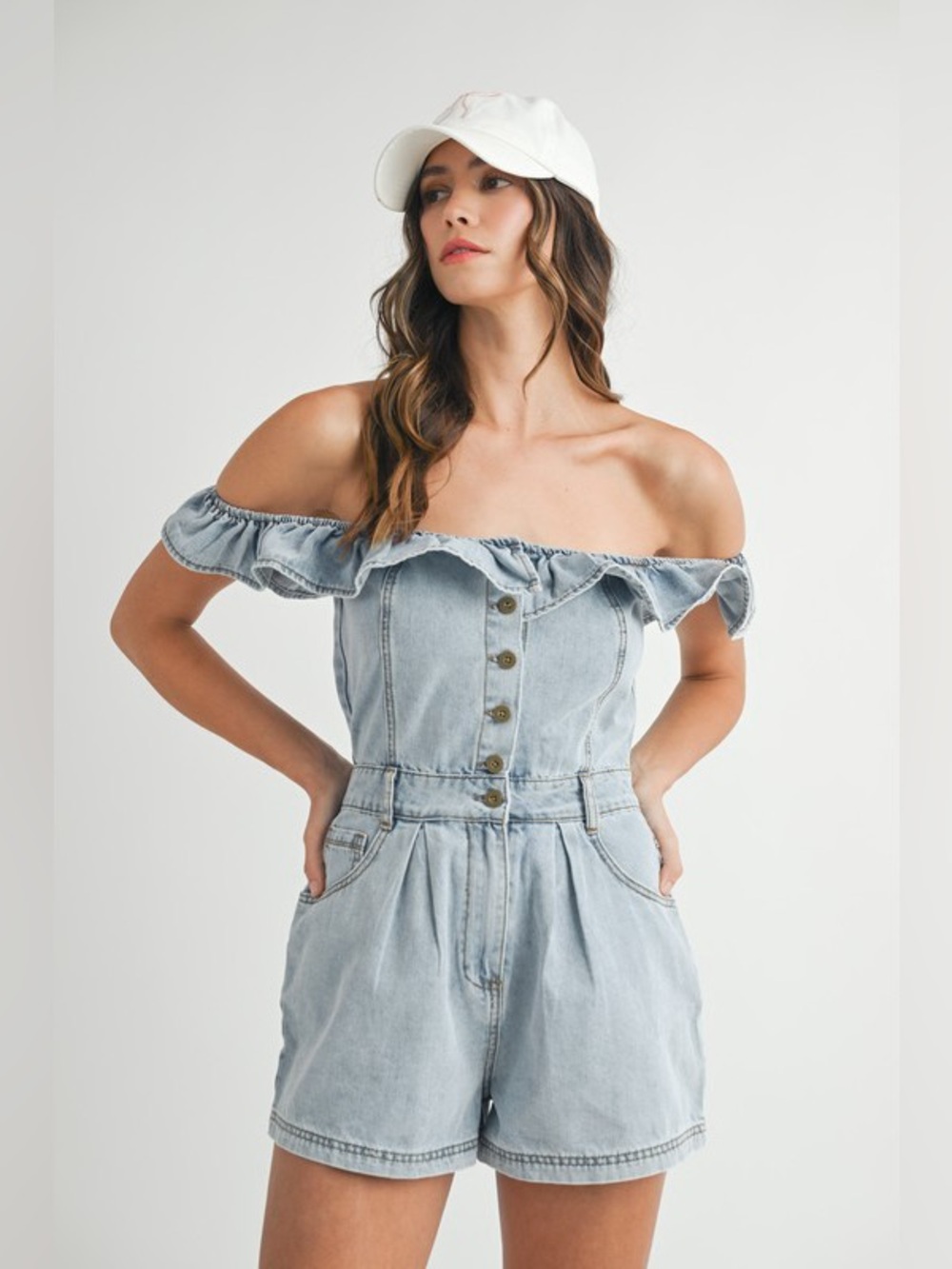 MABLE Off Shoulder Ruffle Detail Denim Romper